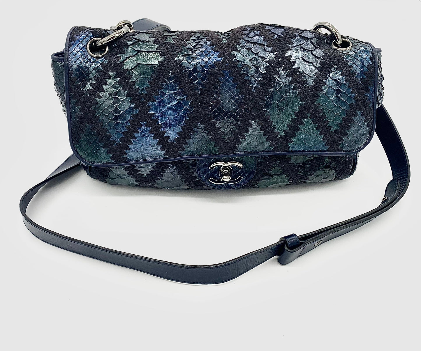 CHANEL PYTHON CROCHET JUMBO FLAP BAG-HS
