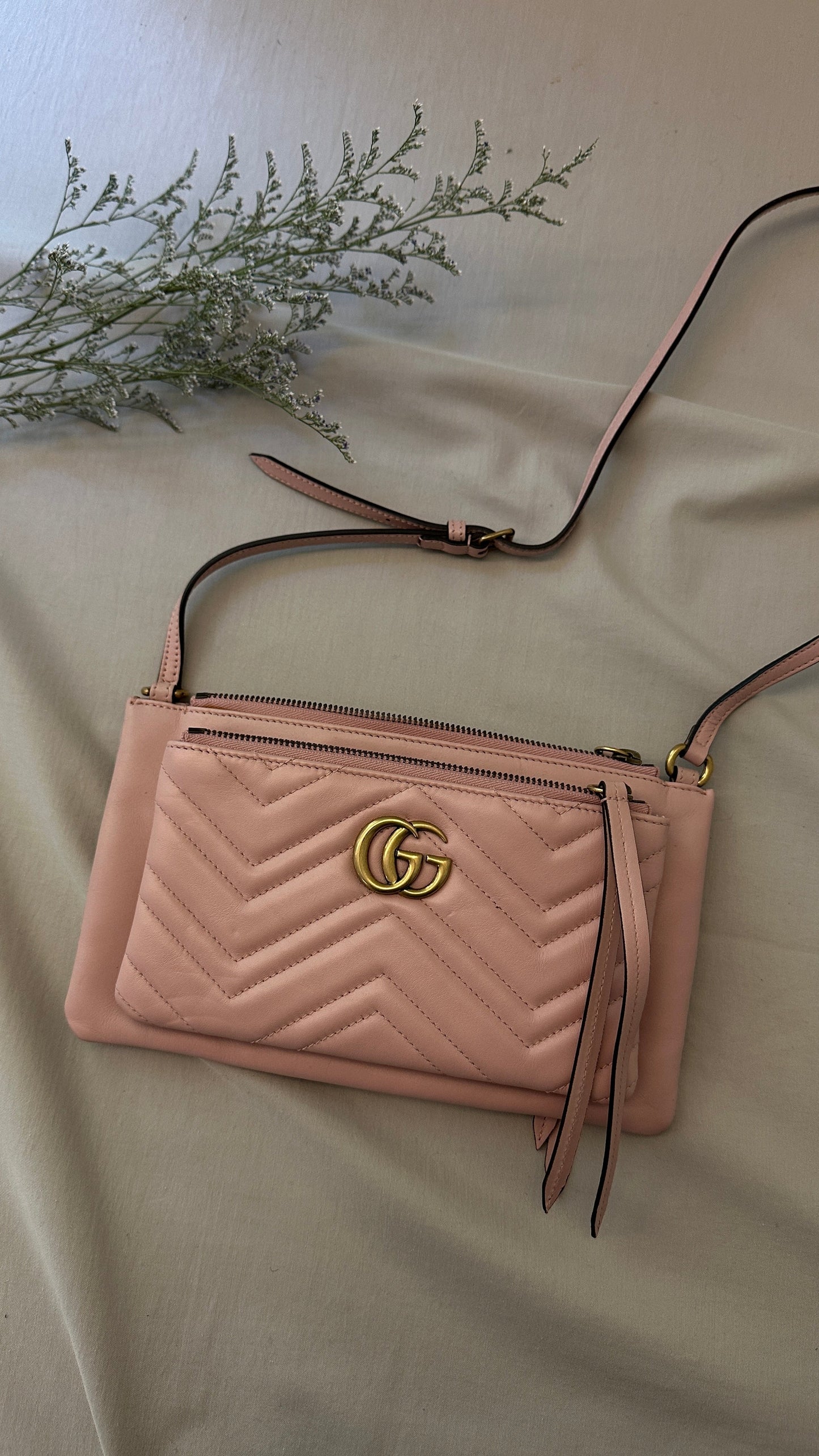 GUCCI Small GG Marmont Double Zip Crossbody Bag Blush
