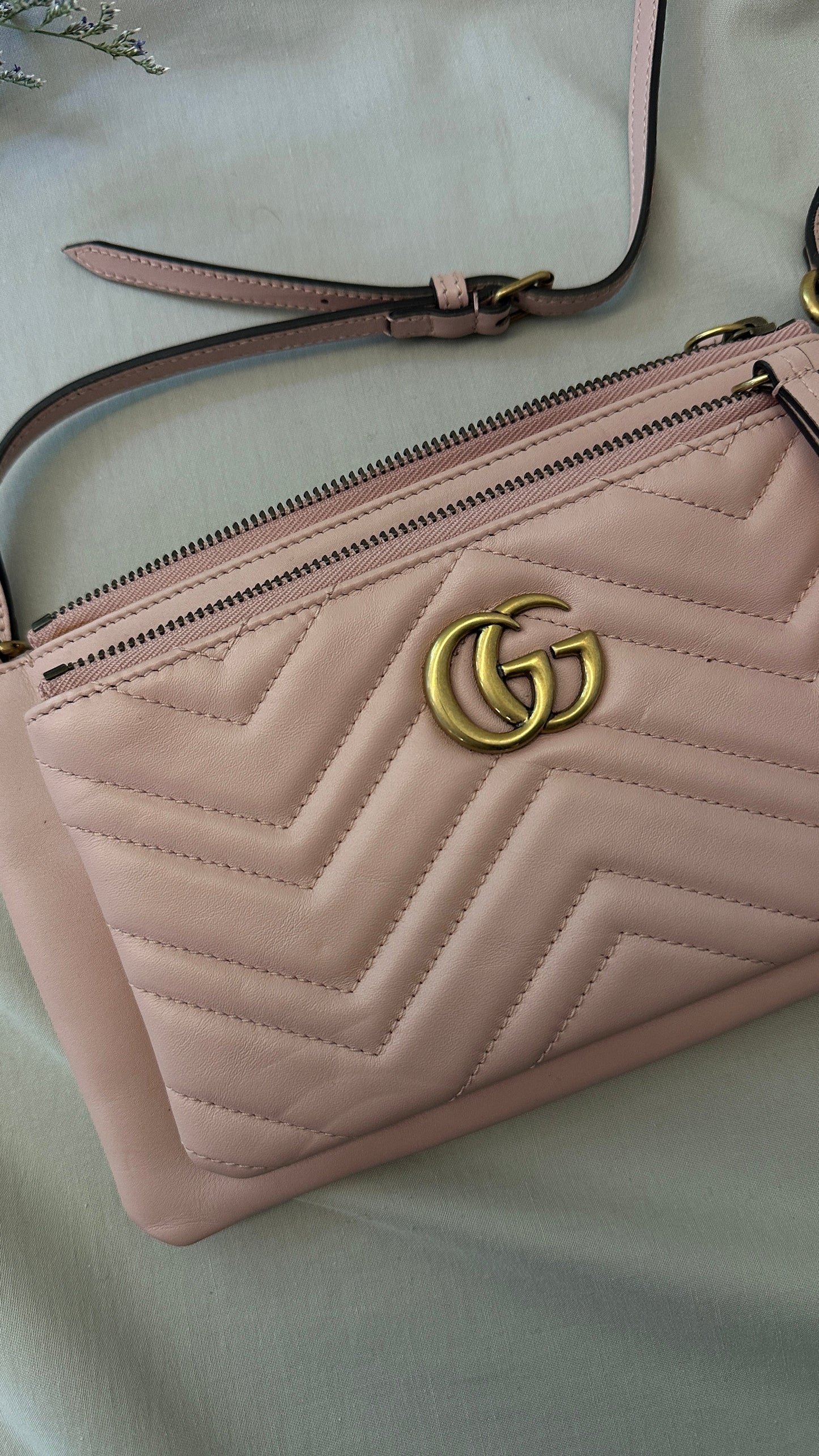 GUCCI Small GG Marmont Double Zip Crossbody Bag Blush