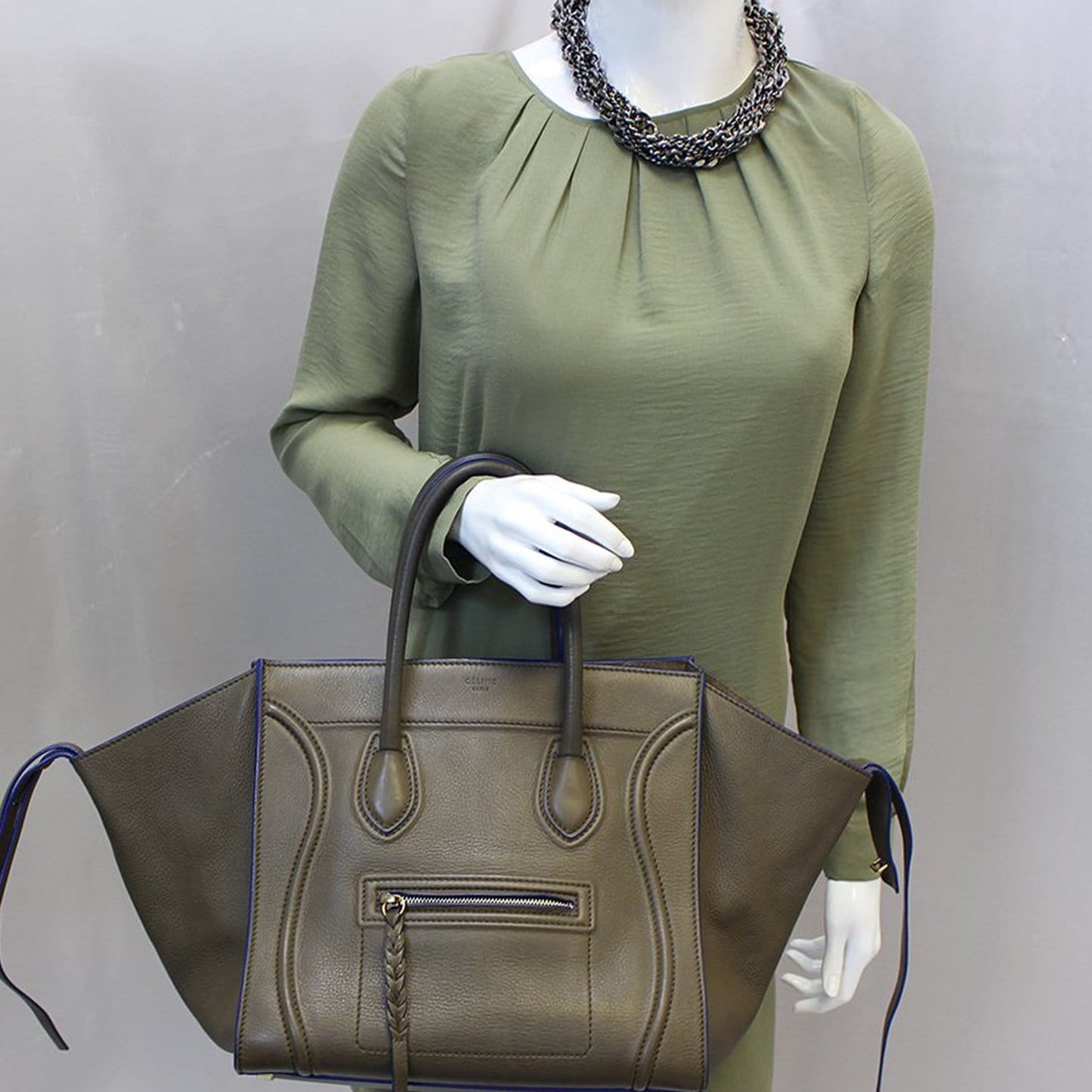 CELINE Phantom Luggage Olive Green Bicolor Grained Leather Bag