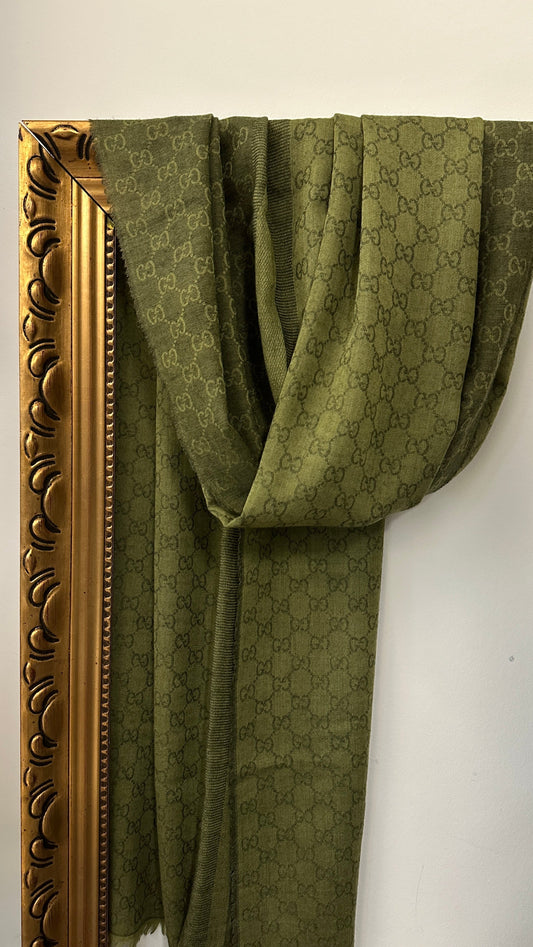 GUCCI Logo Scarf Wool Silk Olive Green
