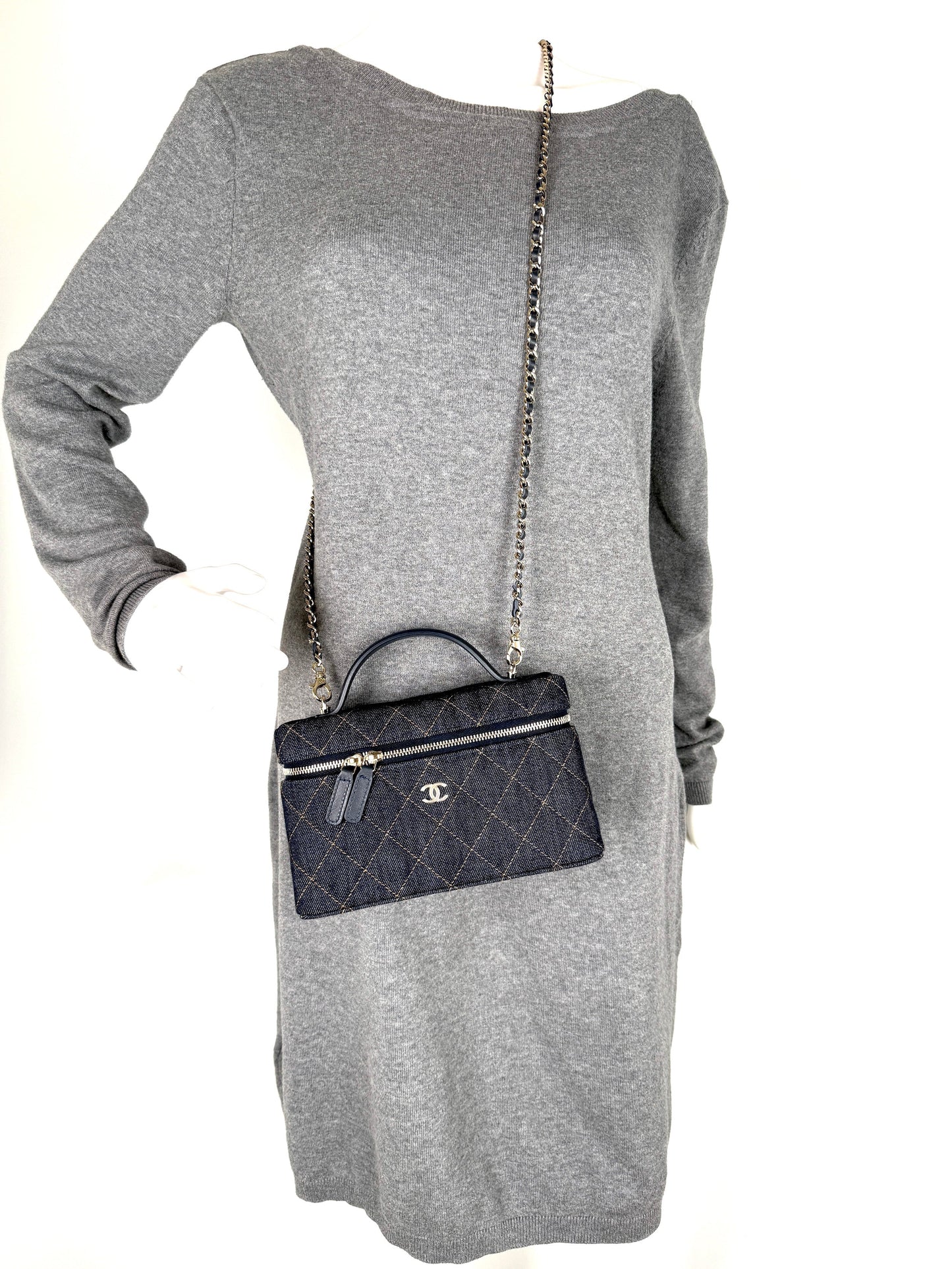 CHANEL Long Classic Vanity Dark Quilted Zip Top Handle Crossbody with Chain Bag New