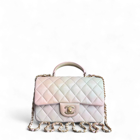 Chanel Classic Flap Mini Top Handle -Quilted Lambskin Ombre Rainbow Gold Hardware Microchip