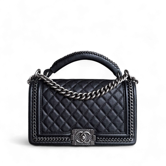 Chanel Boy Handle Old Medium 25CM Black Quilted Grained Calfskin With Handle Chain Around Ruthenium Silver Hardware Series 23