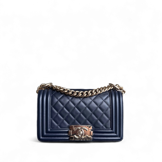 Chanel Boy Small - Calfskin 20CM Quilted Dark Blue Gold Hardware Series 25