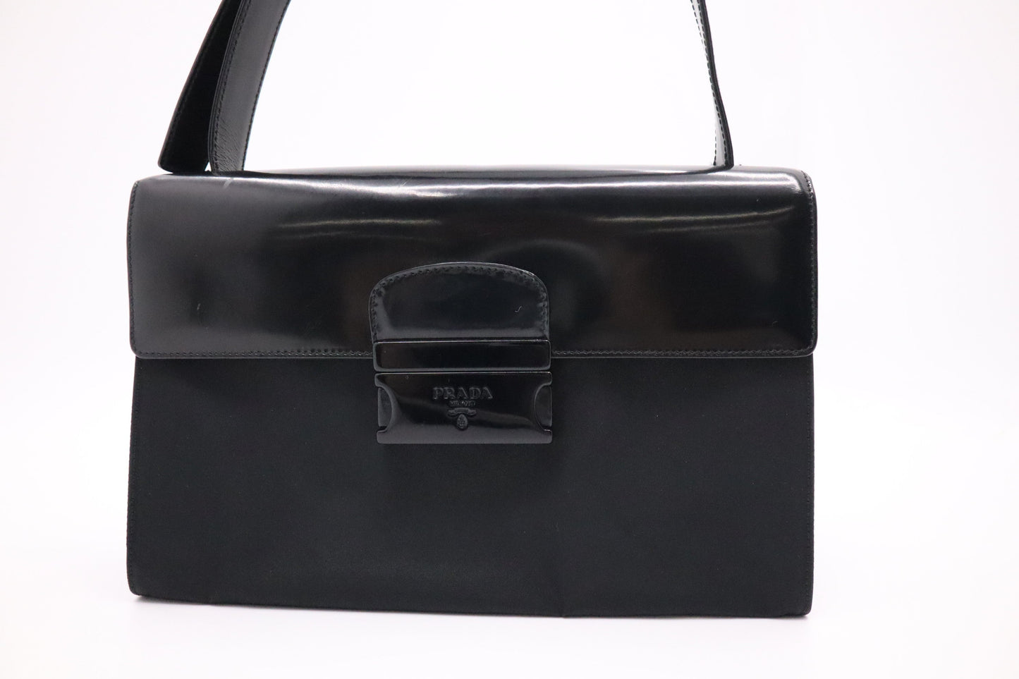 Prada Shoulder Bag in Black Patent Leather and Nylon