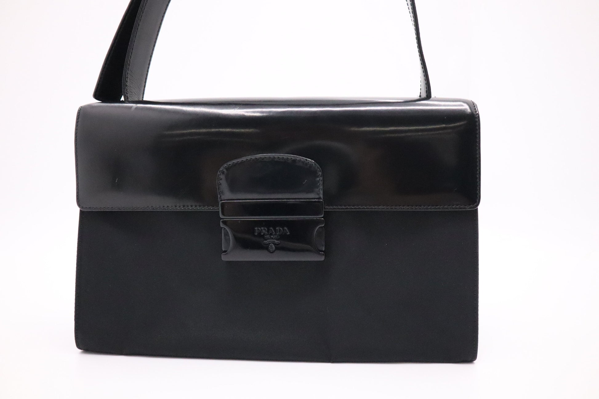 Prada Shoulder Bag in Black Patent Leather and Nylon