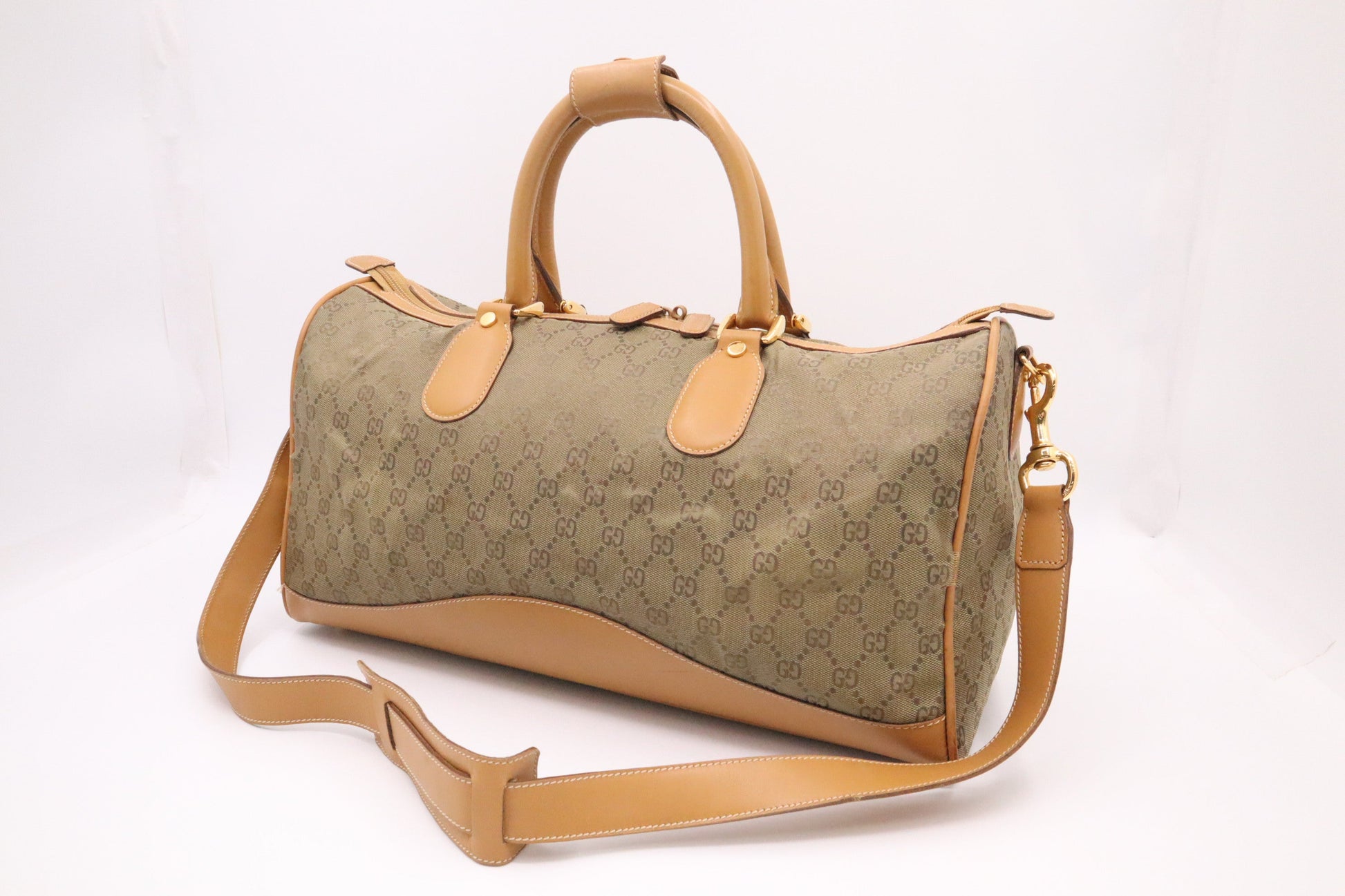Gucci Boston Bag in Green GG Canvas and Brown Leather
