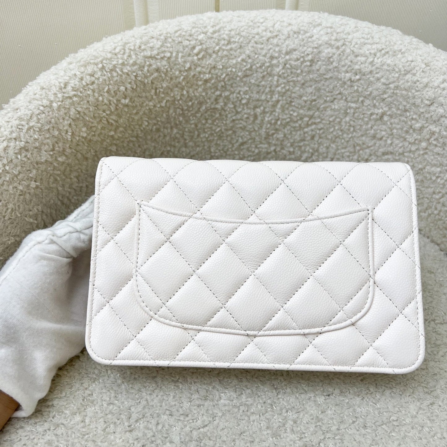 Chanel Classic Wallet on Chain WOC in White Caviar and SHW (Model: AP0250) Crossbody
