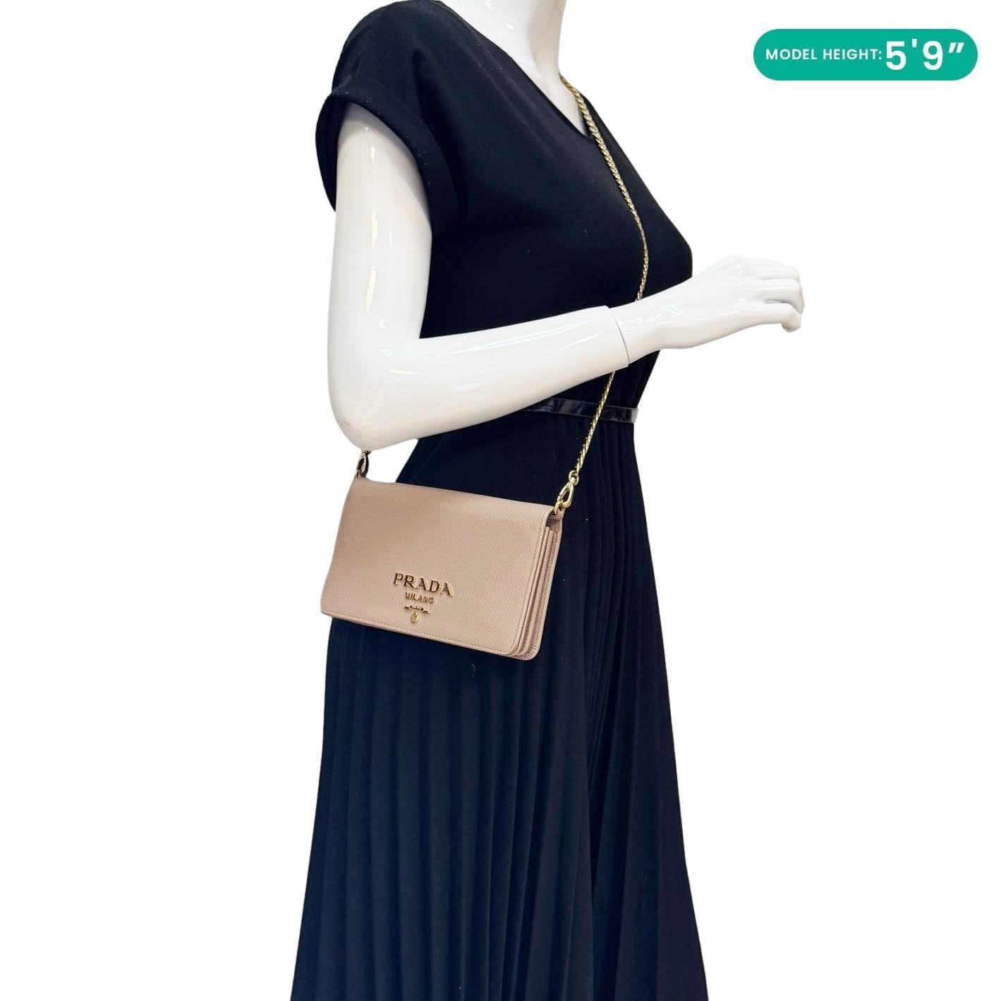 PRADA Soft Calfskin Saffiano Leather Chain Shoulder Bag Cipria