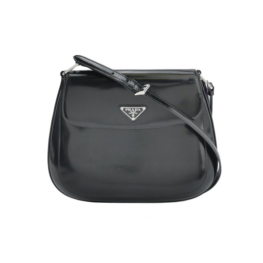 Prada Cleo Flap Medium Black Brushed Leather Crossbody Bag