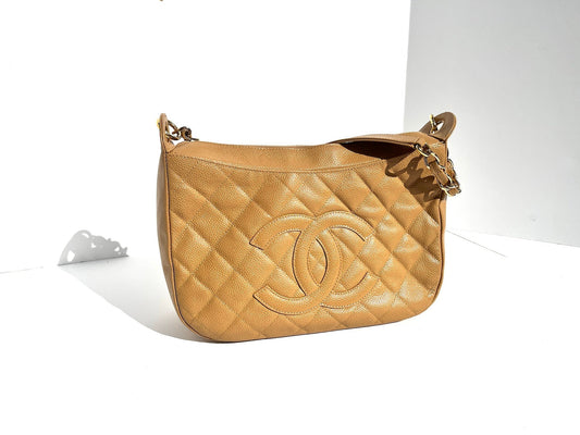 CHANEL Timeless Beige Quilted Caviar Hobo Bag
