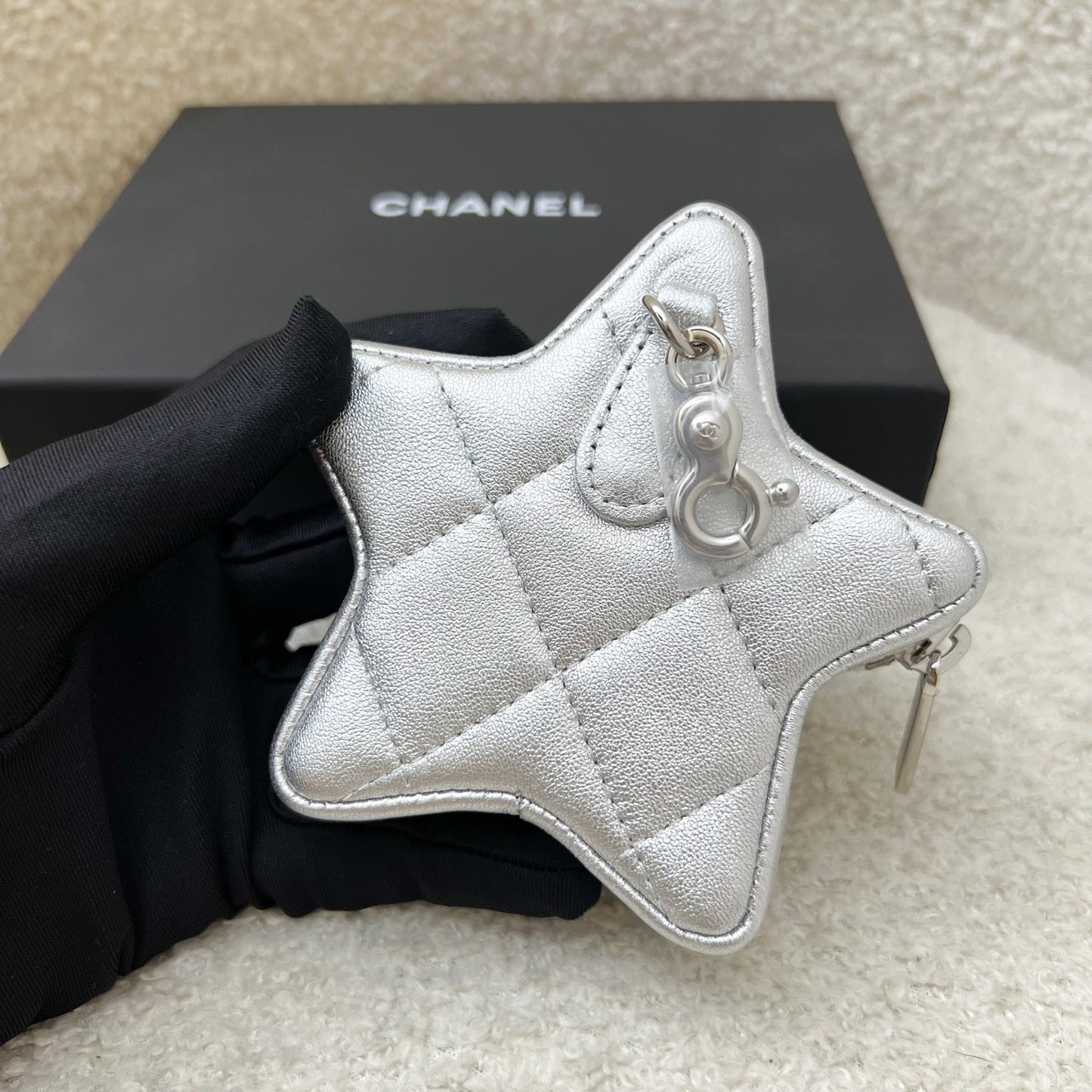 Chanel VIP Gift 24C Star Pouch Charm in Iridescent Silver Lambskin and SHW Clutch