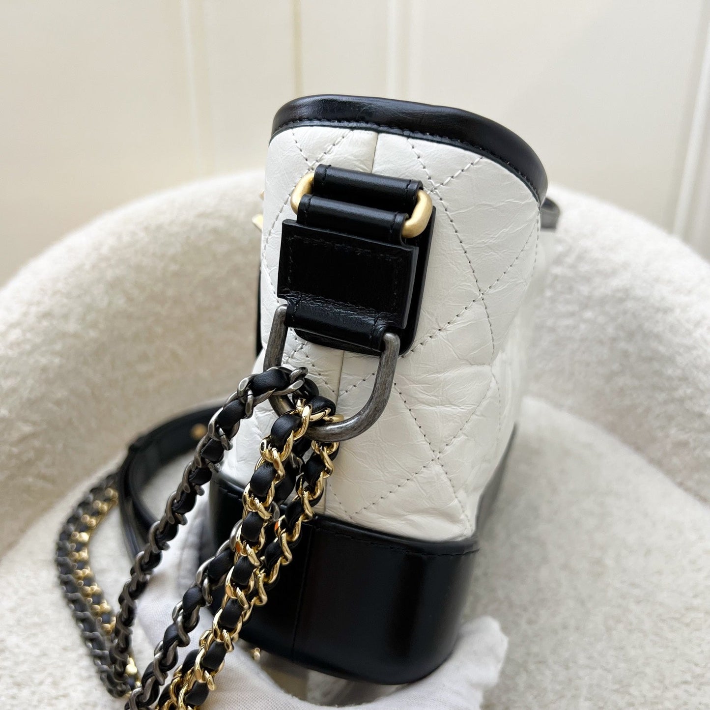 Chanel Small Gabrielle Hobo in White Distressed Calfskin, Black Base and 3 Tone HW Shoulder Bag