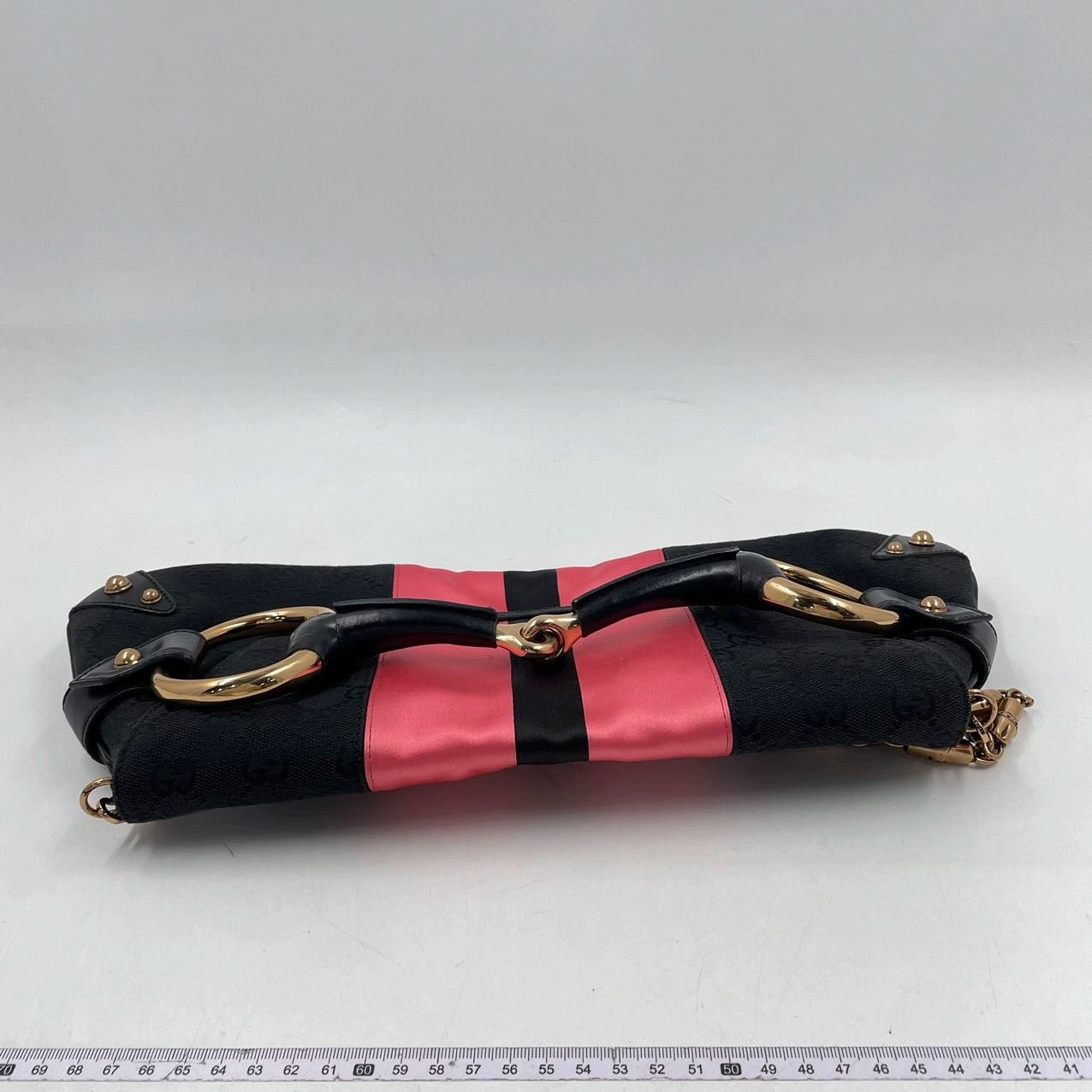 Gucci Horsebit 1955 Chain Large Shoulder Bag Black Monogram with Pink Silk