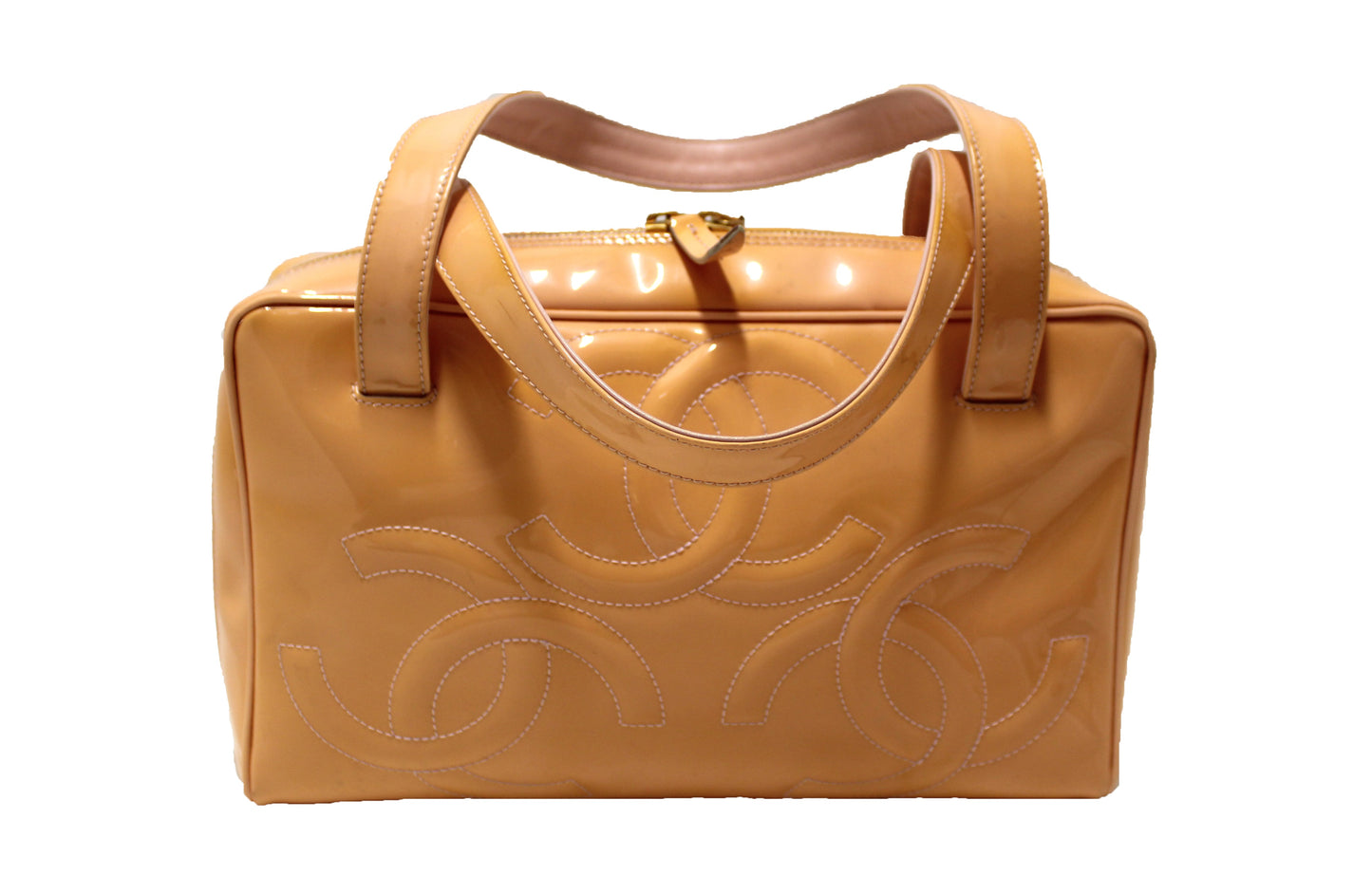 Chanel Beige Patent Leather Triple CC Logo Small Zippy Bag
