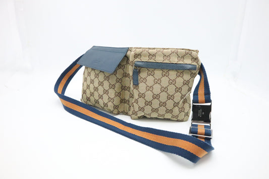 Gucci Waist Bag in Brown GG Canvas & Blue Leather