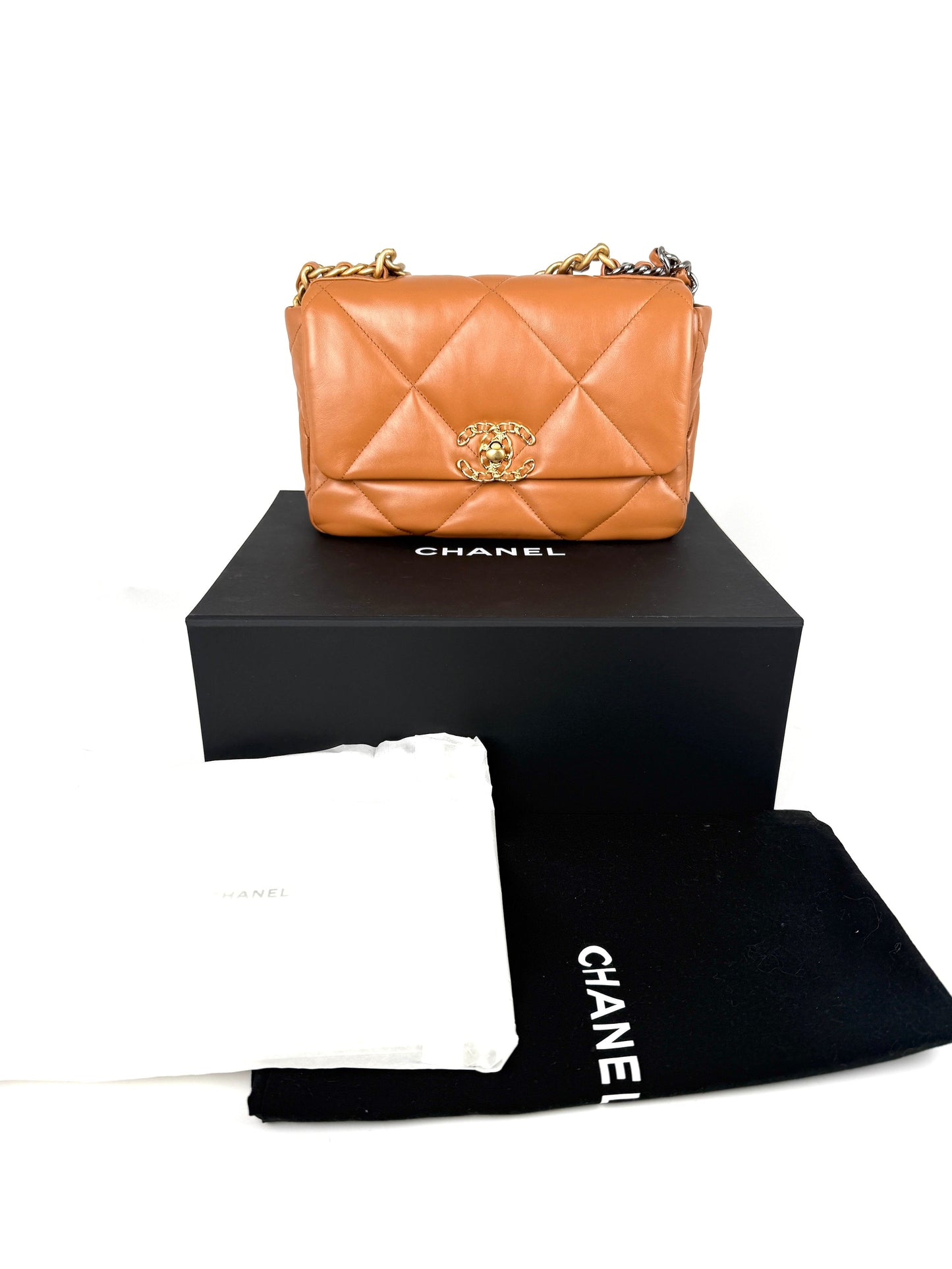 CHANEL 19 Small Carmel Brown Lambskin Gold Hardware Flap Bag