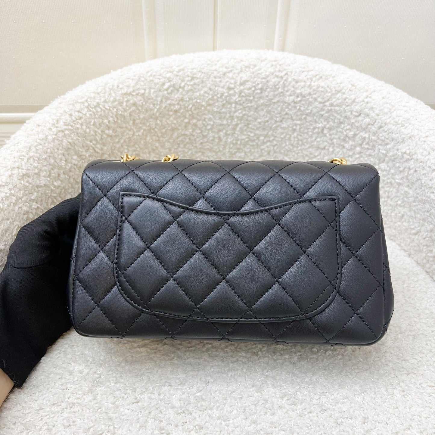 Chanel Mini Rectangular Flap Bag with Camellia Flower Adjustable Chain in Black Stiff Lambskin and AGHW (Model: AS4041)