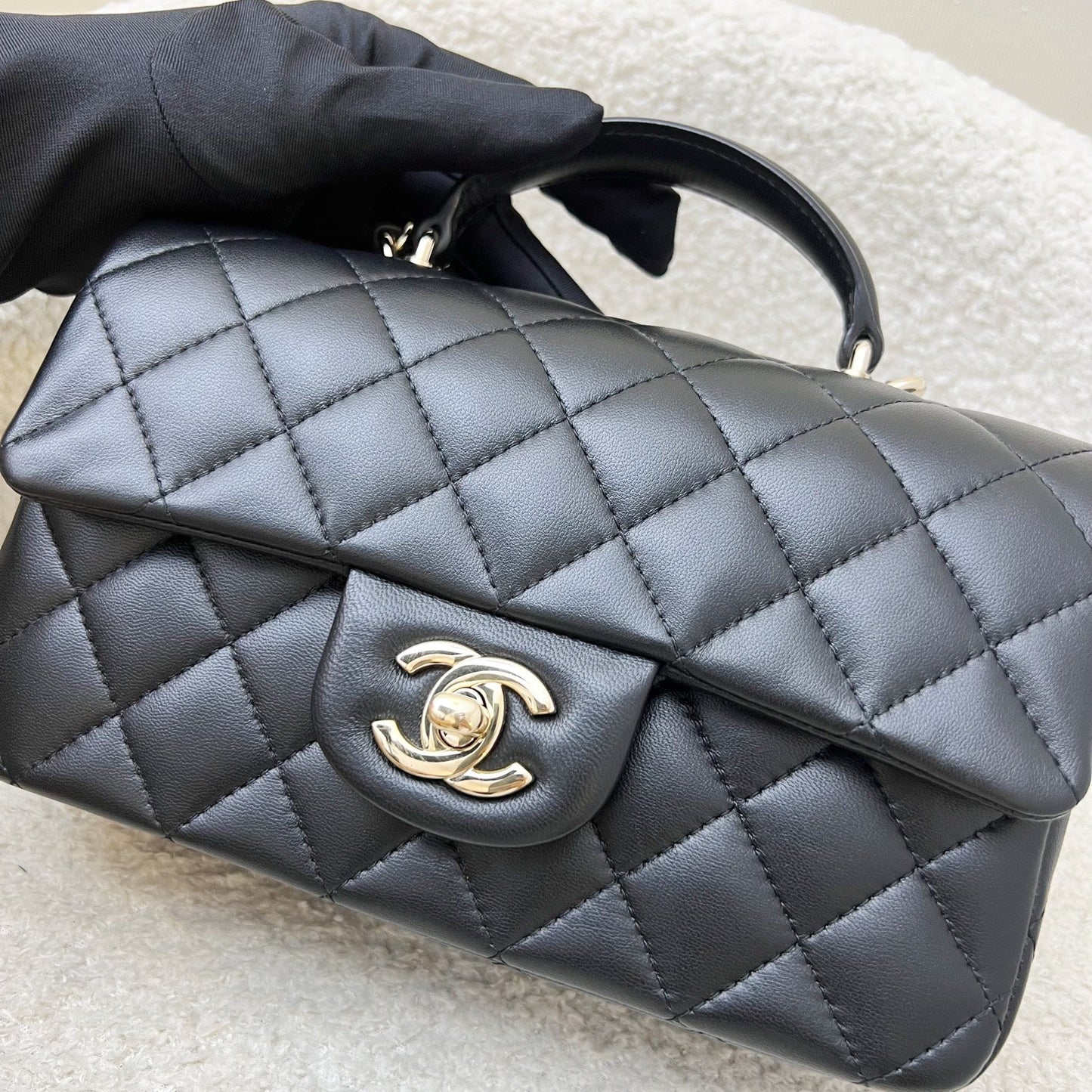Chanel Classic Top Handle Mini Rectangle Flap in Black Lambskin and LGHW (Model: AS2431) Handbag