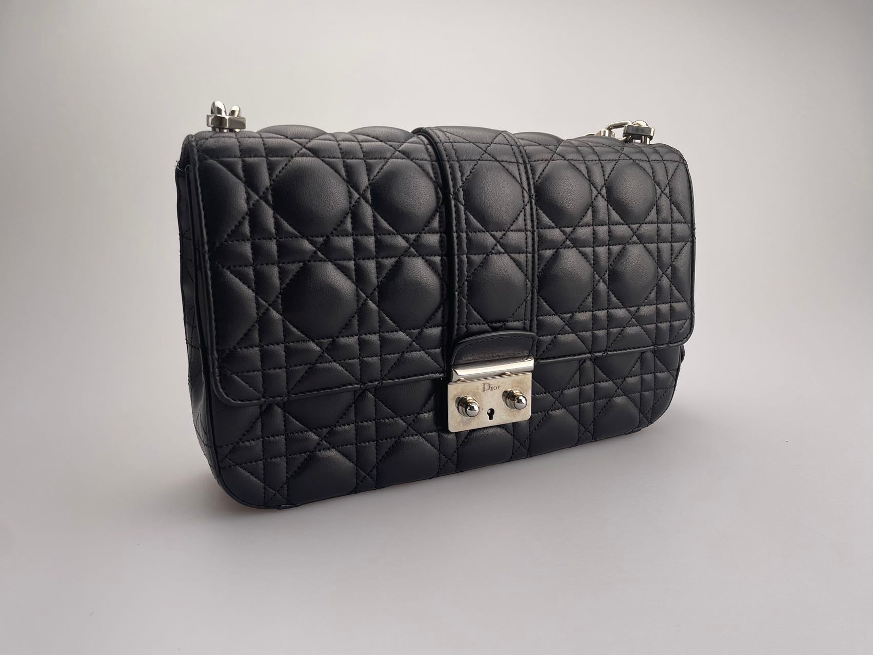Dior Miss Dior Shoulder Bag in Black Lambskin Leather with Silver Hardware