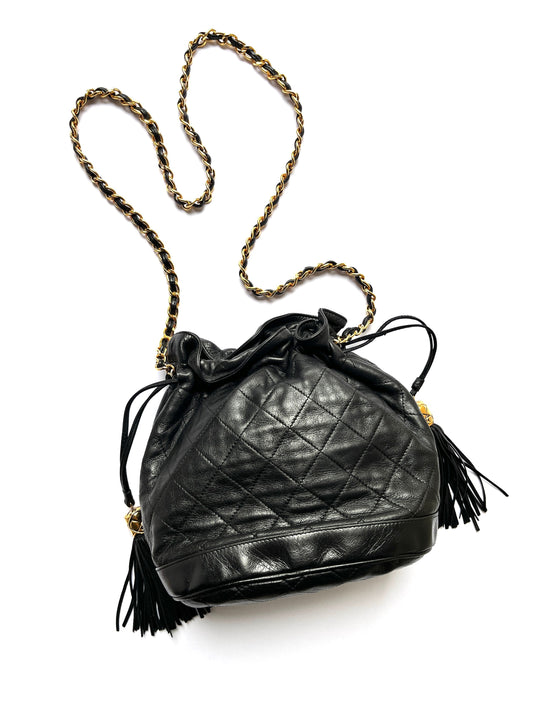 CHANEL 24k Gold Black Lambskin Leather Quilted Bucket Shoulder Bag