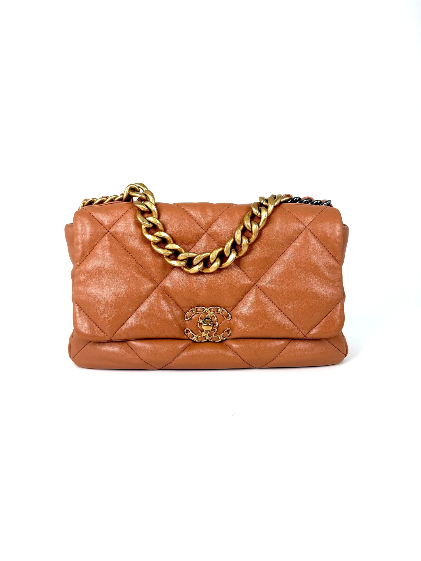 CHANEL 19 2021 Large Brown Quilted Gold Hardware Flap Bag