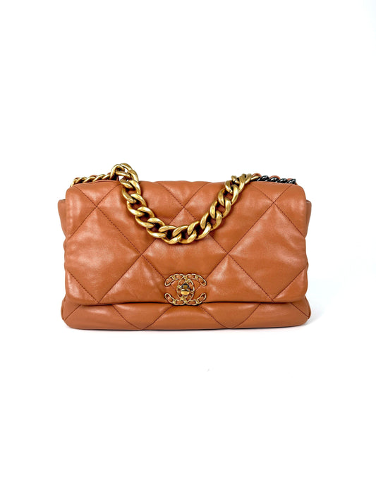 CHANEL 19 2021 Large Brown Quilted Gold Hardware Flap Bag