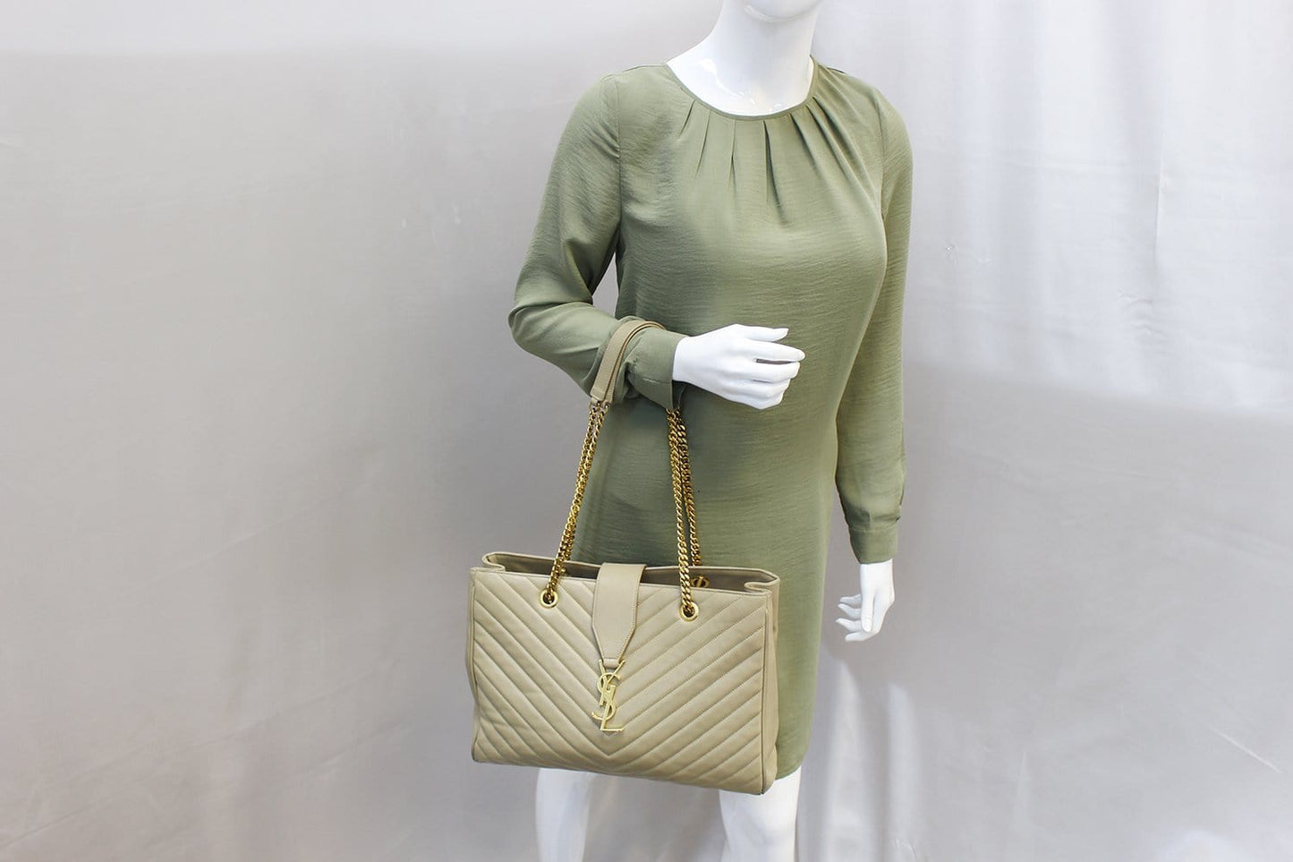 SAINT LAURENT Matelasse Chevron Monogram Shopper Beige Bag - Final Call