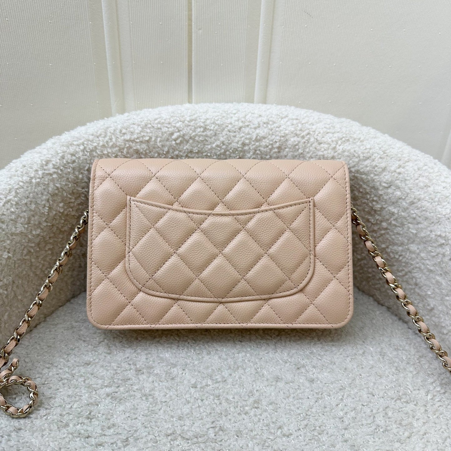 Chanel 23S Ribbon Chain Wallet on Chain WOC in Beige Caviar LGHW Crossbody