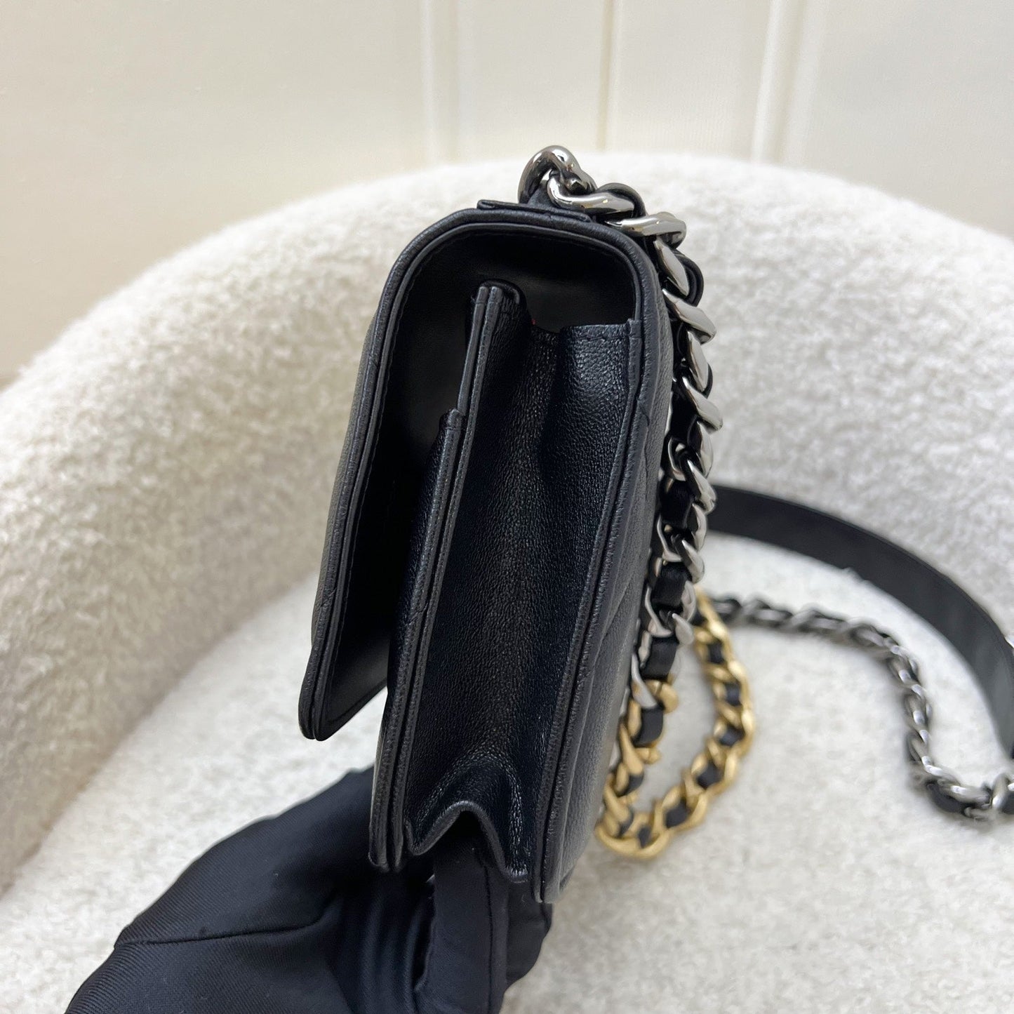 Chanel 19 Wallet on Chain WOC in Black Lambskin and 3-Tone HW (Model: AP0957) Crossbody