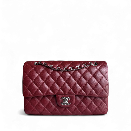 Chanel Classic Flap Medium - Caviar 25CM Quilted Grained Calfskin Burgundy Dark Red Silver Hardware