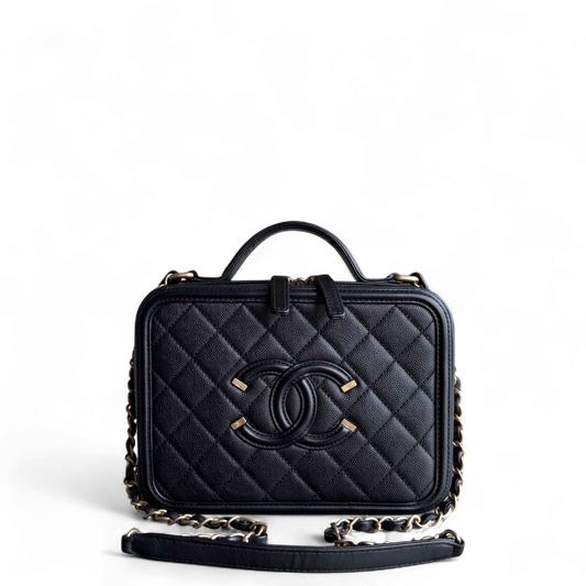 Chanel Filigree Vanity Case Medium - Caviar Quilted Grained Calfskin Black Gold Hardware Series 25