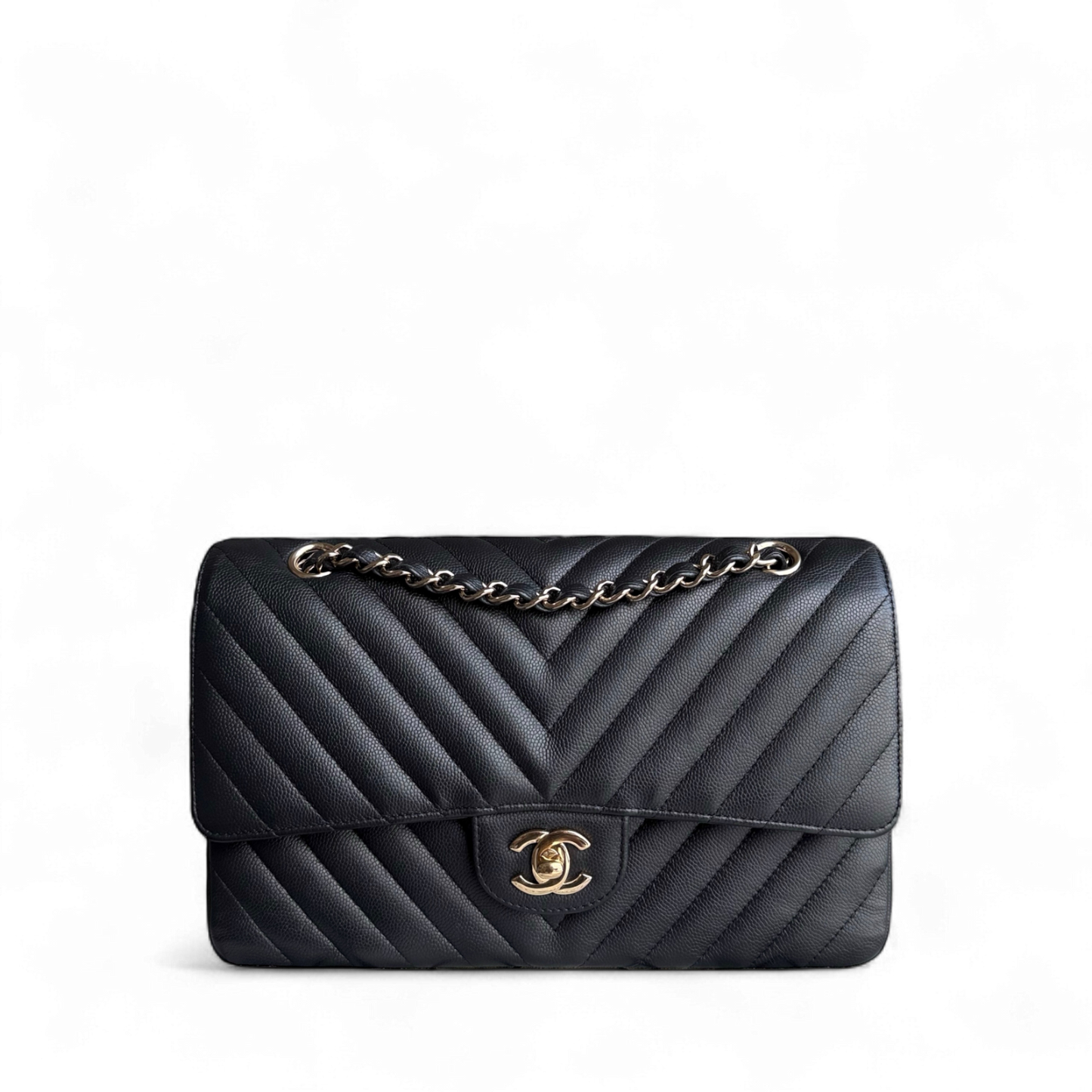 Chanel Classic Flap Medium - Caviar 25CM Chevron Grained Calfskin Black Gold Hardware Series 27