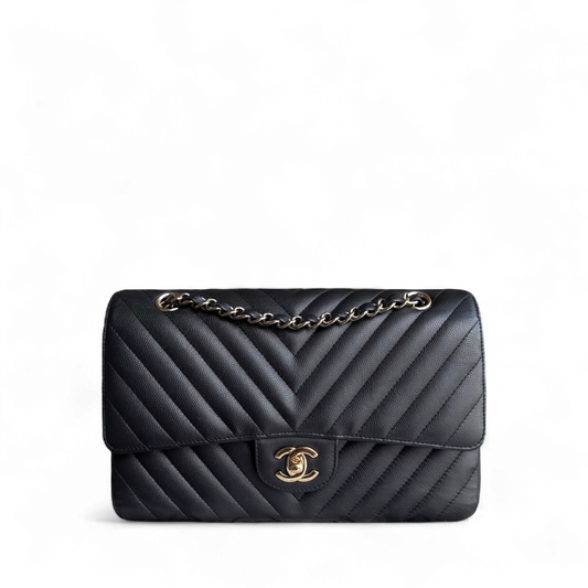 Chanel Classic Flap Medium - Caviar 25CM Chevron Grained Calfskin Black Gold Hardware Series 27