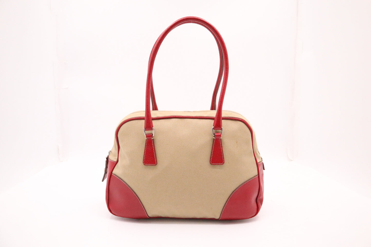 Prada Bowling Bag in Red Leather and Brown Canvas