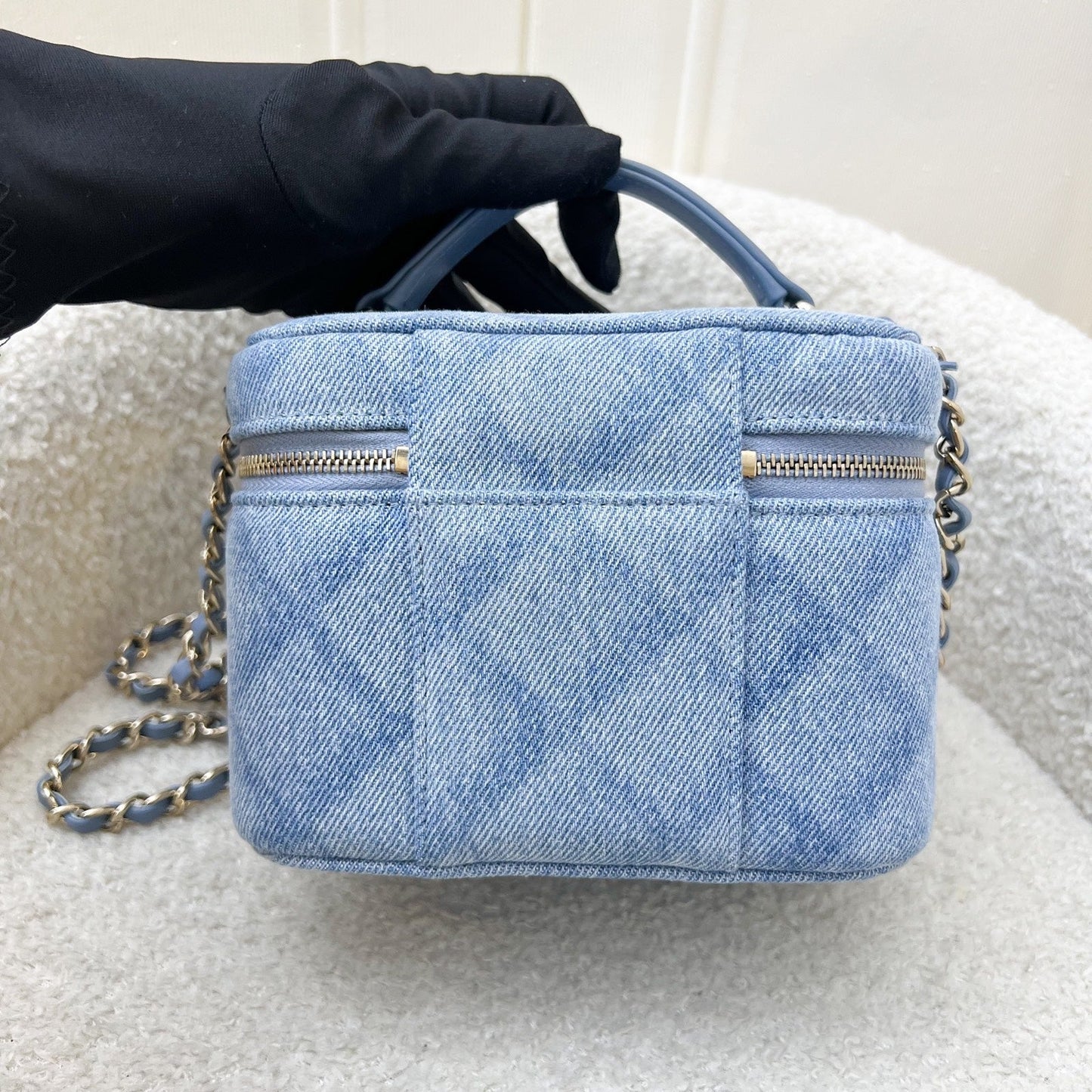 Chanel 22B Cheer for Chanel Vanity Case with Top Handle in Light Blue Fabric and LGHW (Model: AS3171) Handbag