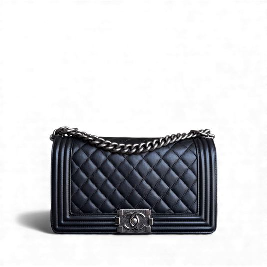 Chanel Boy Medium - 25CM Quilted Calfskin Black Ruthenium Silver Hardware Series 20