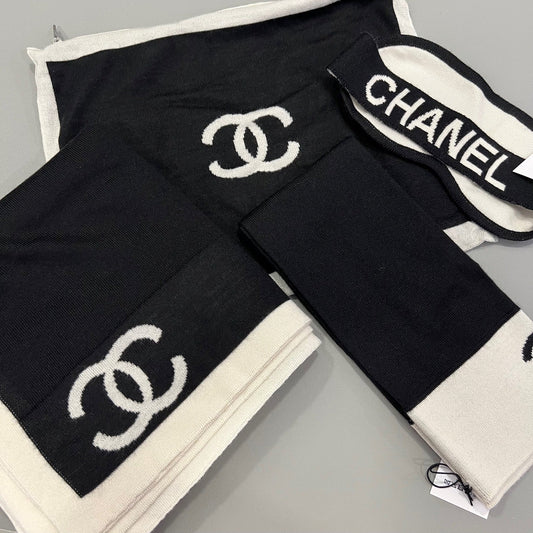 Chanel 4 Piece Travel Set with Pouch, Shawl, Socks and Eye Shield in Black and White Cashmere / Wool / Silk Clutch