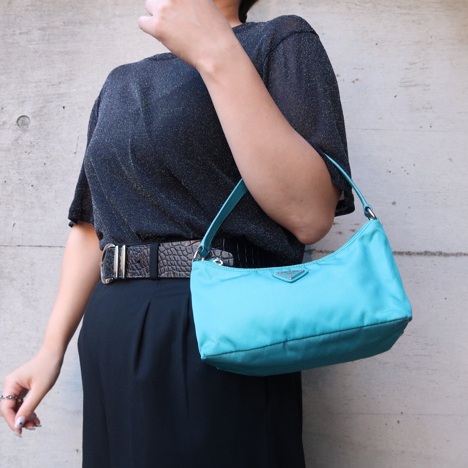 Prada Nylon Leather Shoulder Bag Pouch Turquoise blue