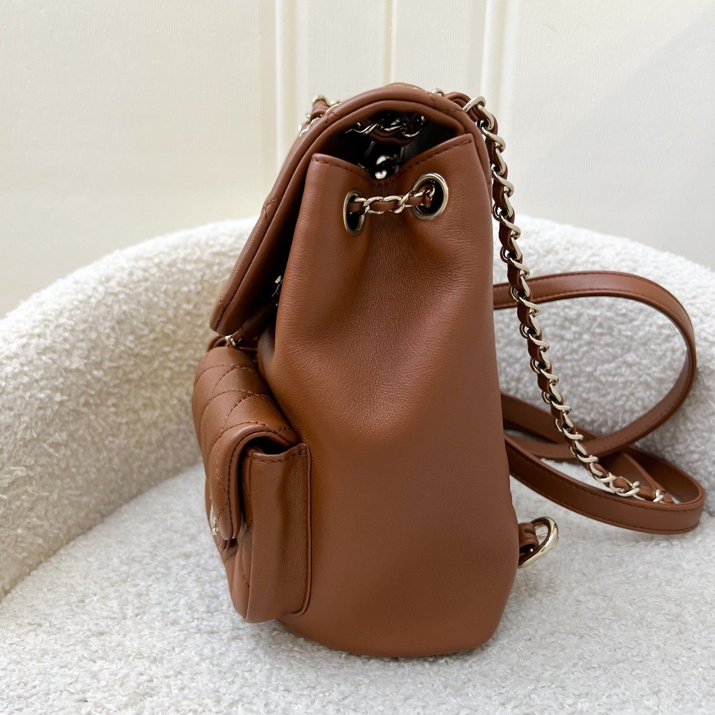 Chanel Medium Triple Backpack in 23A Cognac Brown Calfskin and LGHW (Model: AS3860)