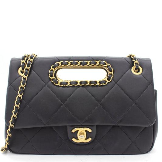 Chanel Black Quilted Smooth Calfskin Leather Jumbo Chain Detail Handle Flap Bag