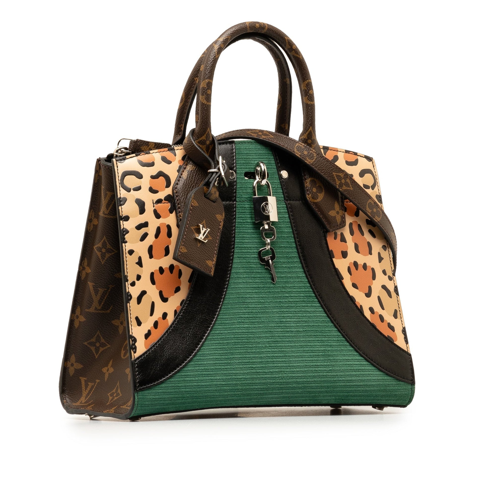 Green Louis Vuitton Monogram Leopard Print Calfskin Corduroy City Steamer PM Satchel Crossbody