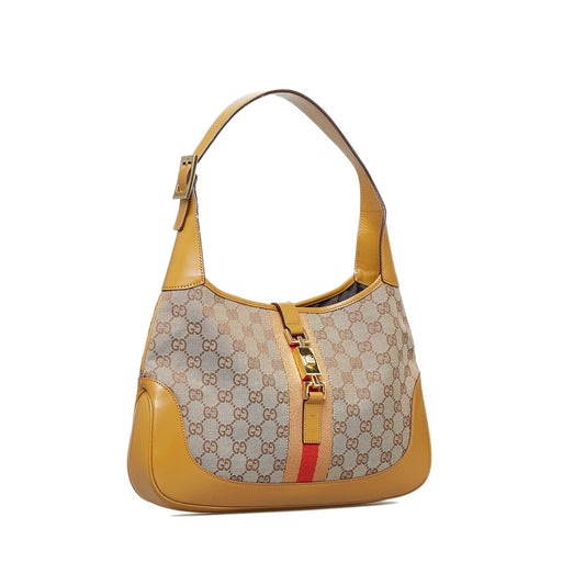 Gucci Jackie Brown Leather Canvas Shoulder Bag Style 1