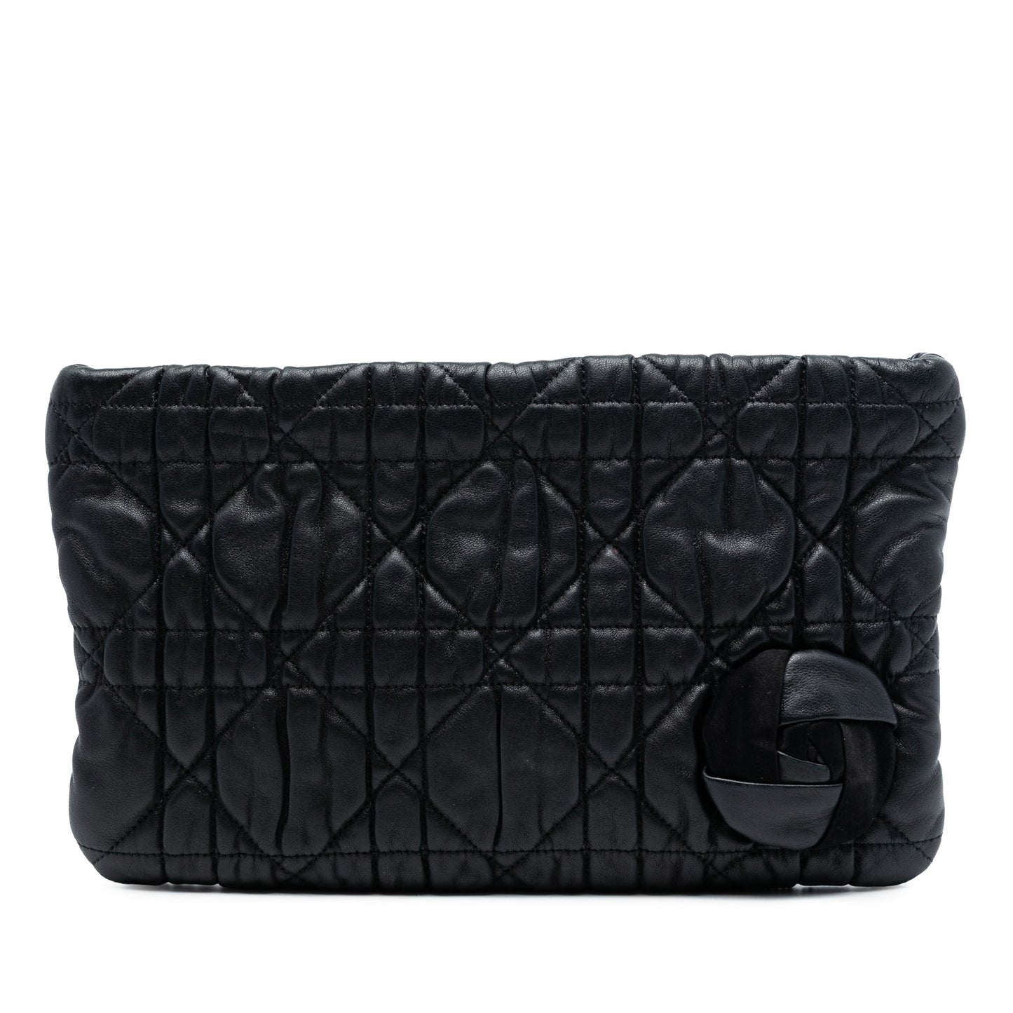 Black Dior Calfskin Cannage Rose Clutch