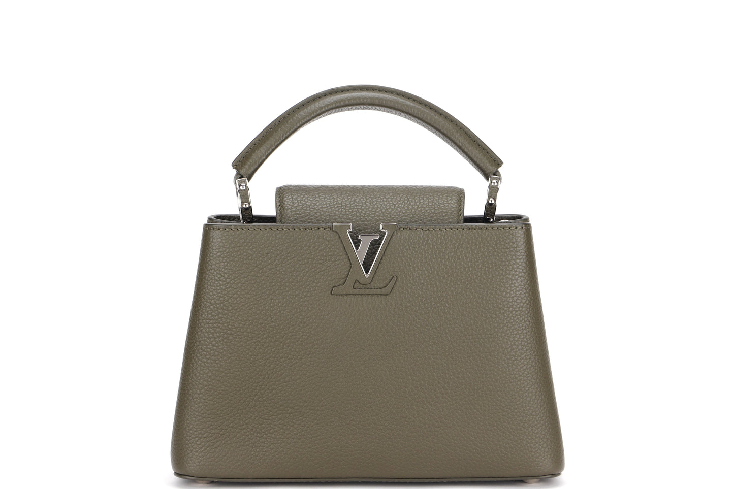 LOUIS VUITTON CAPUCINES BB, KHAKI COLOR TAURILLON LEATHER SILVER HARDWARE, WITH STRAP & DUST COVER Handbag
