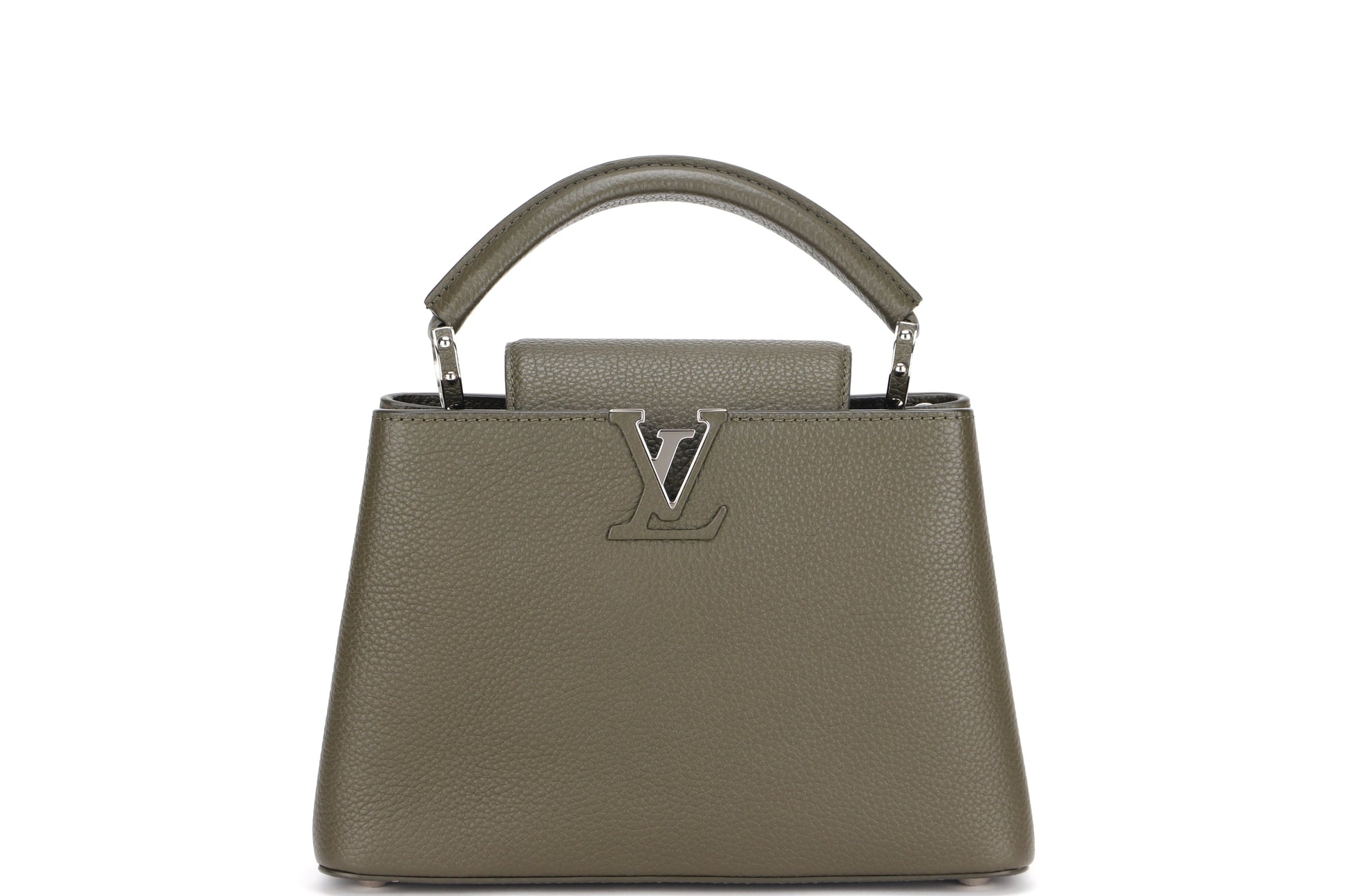LOUIS VUITTON CAPUCINES BB, KHAKI COLOR TAURILLON LEATHER SILVER HARDWARE, WITH STRAP & DUST COVER Handbag