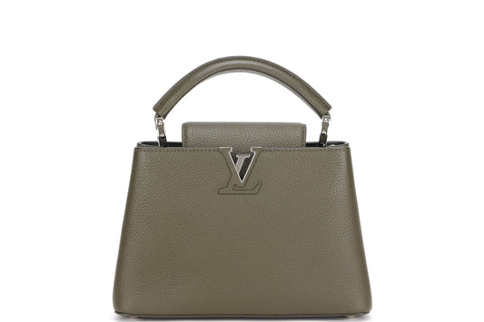 LOUIS VUITTON CAPUCINES BB, KHAKI COLOR TAURILLON LEATHER SILVER HARDWARE, WITH STRAP & DUST COVER Handbag