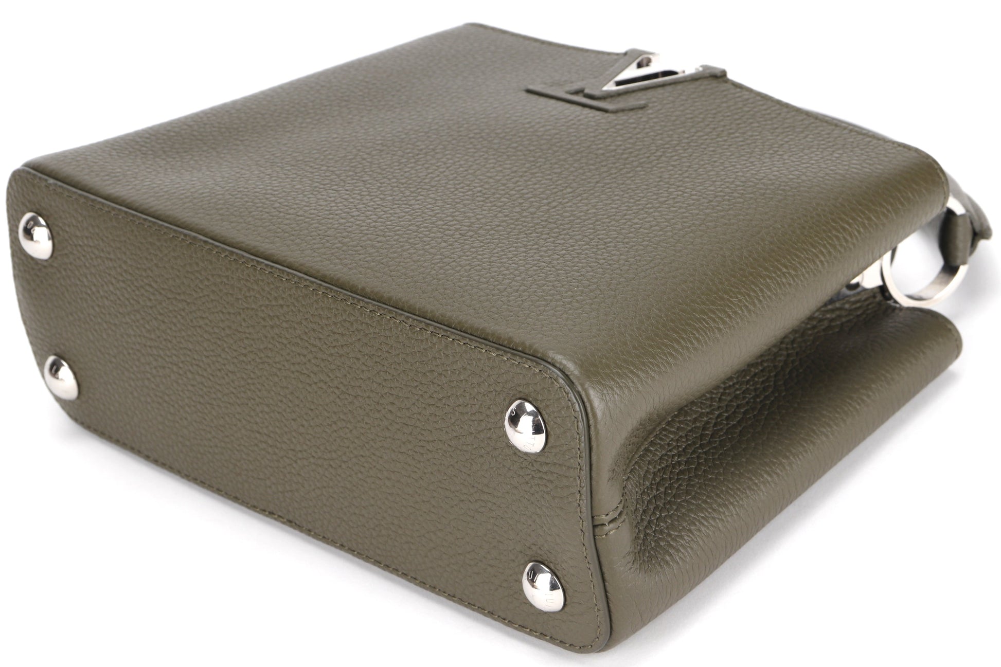 LOUIS VUITTON CAPUCINES BB, KHAKI COLOR TAURILLON LEATHER SILVER HARDWARE, WITH STRAP & DUST COVER Handbag