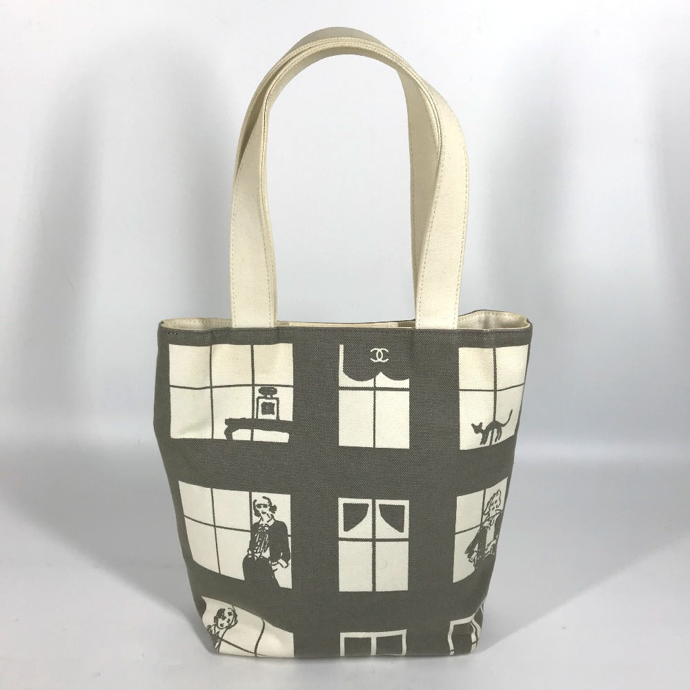 CHANEL Shoulder Bag canvas Gray x white Windows line Handbag Women